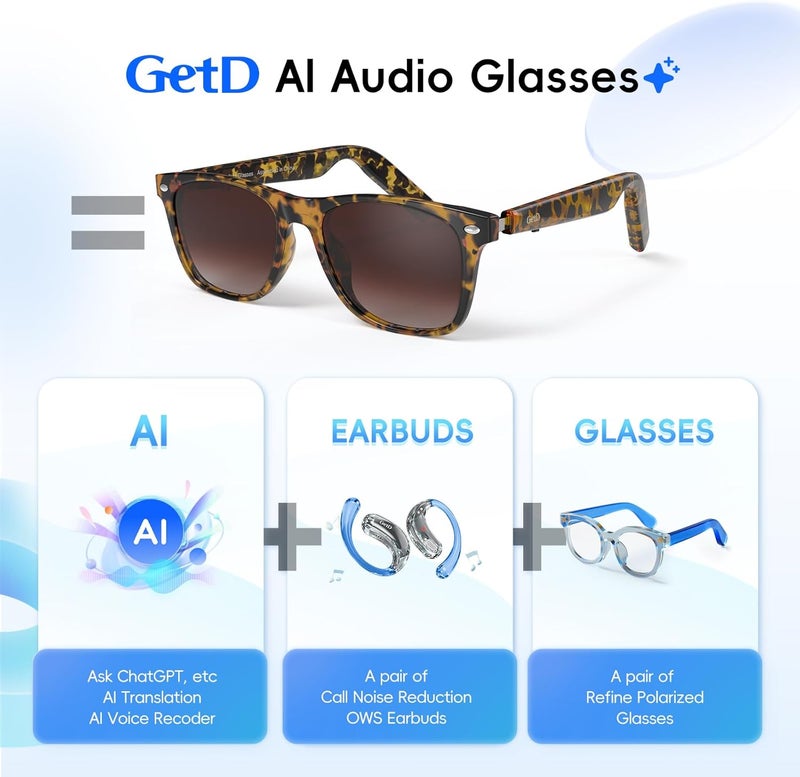 GetD AI Glasses for Men & Women, Smart Glasses Powered by ChatGPT, AI Real-time Translation with 145 languages, 11H Music Play, Bluetooth Sunglasses with Polarized Lens, UV Protection for Daily Use, Travel - Image 2